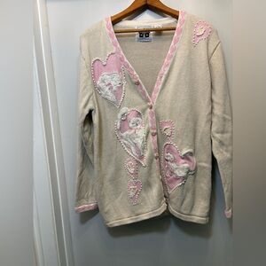 Vintages Storybook Knit Cat and Heart Cardigan Size M